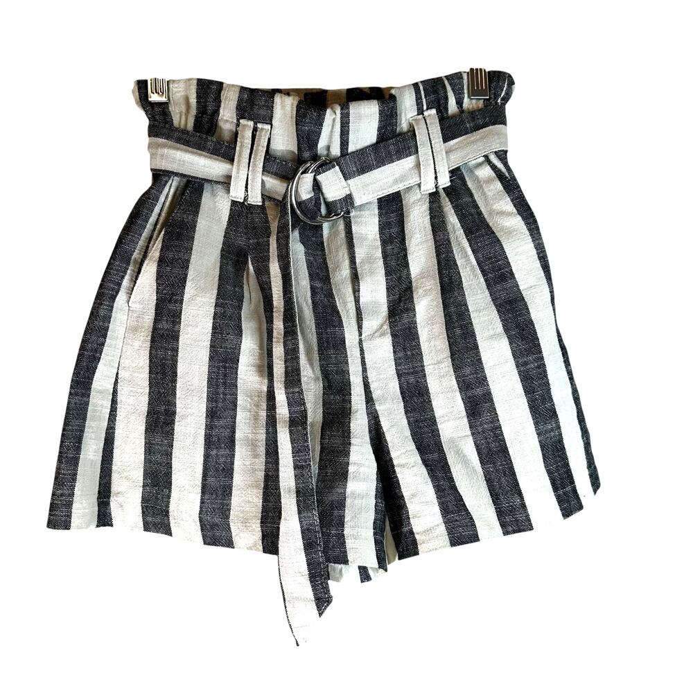 Bershka Vertical Striped Belted Paper Bag Shorts Black White Small Coastal Boho